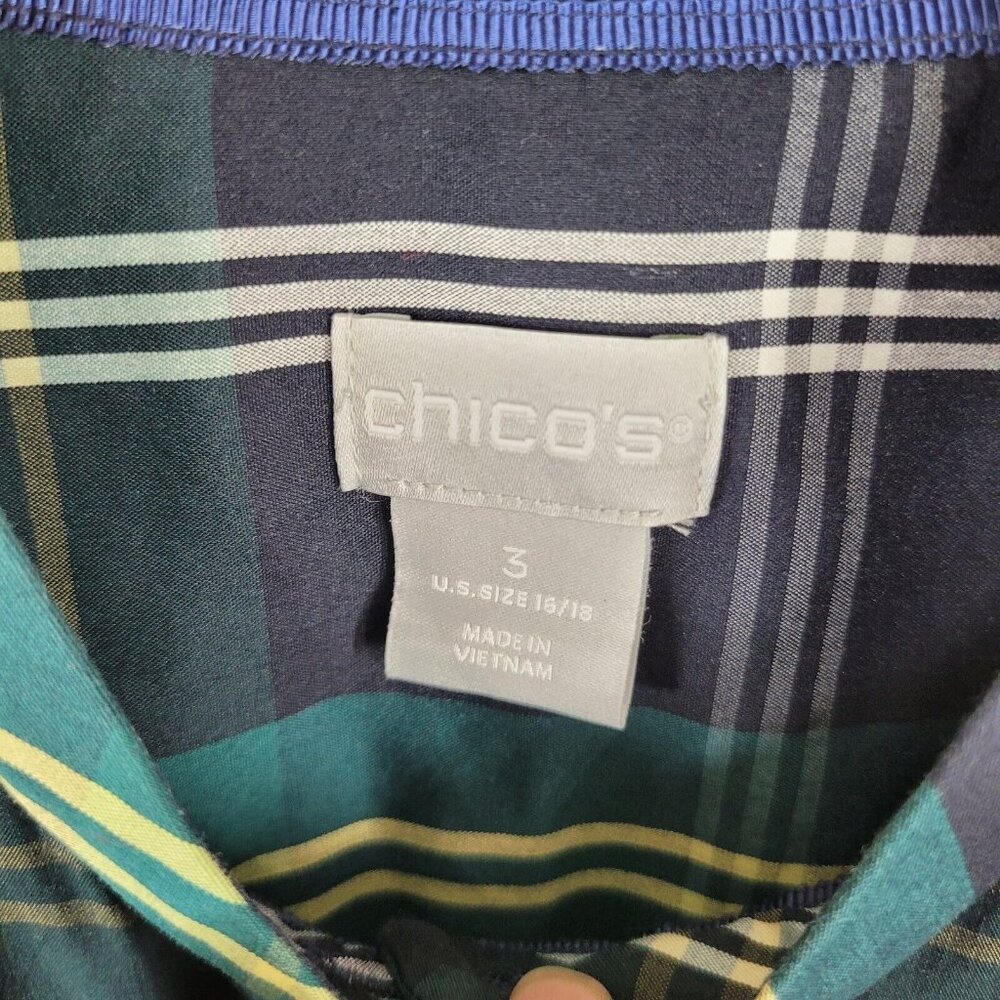 Chicos Plaid Pullover Top Size 3 XL Shirt Casual Gemstone Buttons Green Blue - Picture 8 of 8